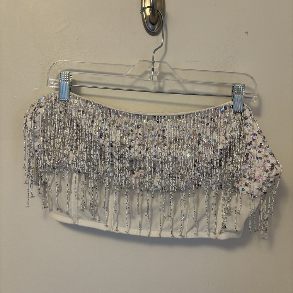NBD Shreya Sequin Fringe Star Tube Top XL Corset Showgirl Beaded White - DESC